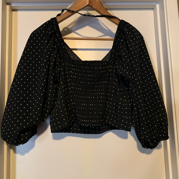Polka Dot Puff Sleeve Smocked Open Back Blouse - Picture 4 of 4